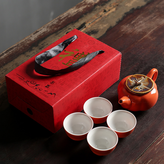 Eco-Friendly Tea Gift Set -A set of persimmon ceramic Kung Fu tea sets as a gift for "Everything Goes Well"