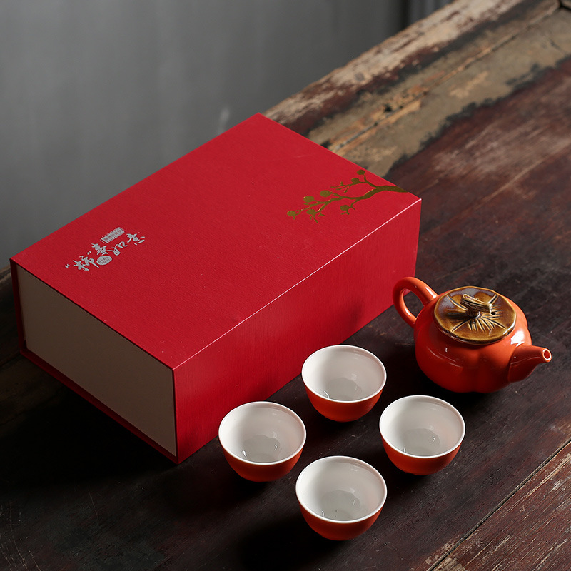 Eco-Friendly Tea Gift Set -A set of persimmon ceramic Kung Fu tea sets as a gift for "Everything Goes Well"